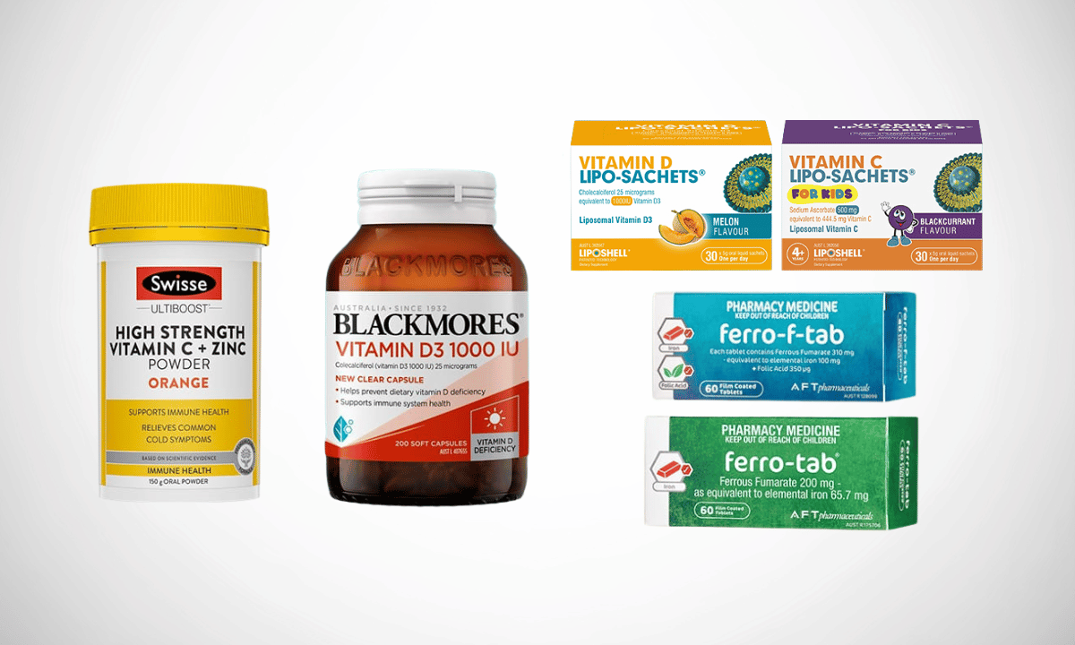 Swisse High Strength Vitamin C + Zinc, Blackmores Vitamin D 3 1000 UI, Lipo Sachets Vitamin C & D and Ferro Iron Supplements
