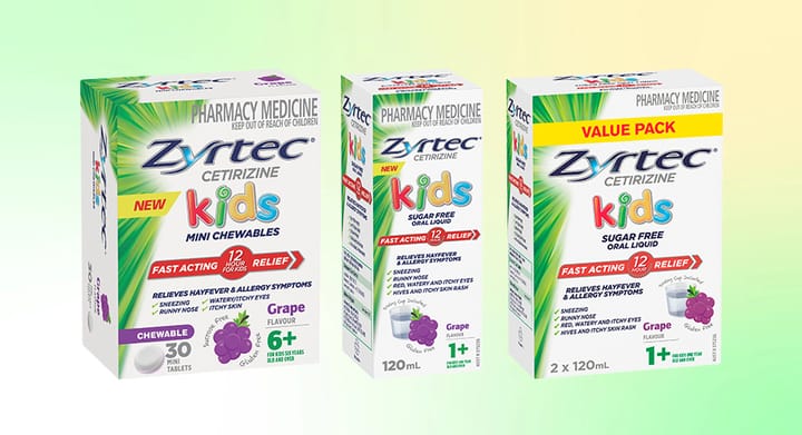 Zyrtec Kids Allergy & Hayfever Relief Bubblegum or Grape Range